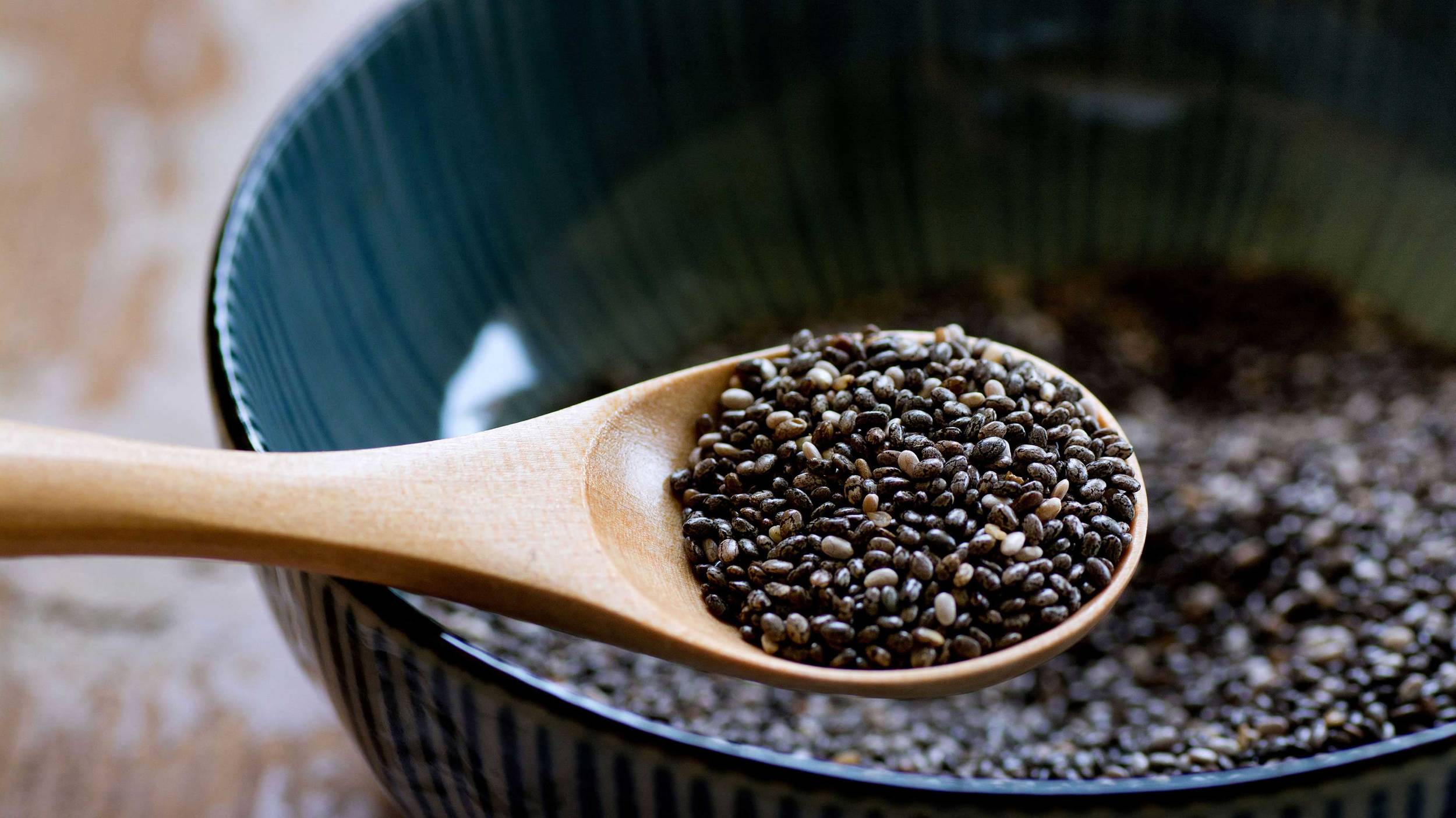 Cooking spoon with chia seeds In recent years chia seeds have been widely recognised as a superfood due to their impressive nutritional properties and medical values.